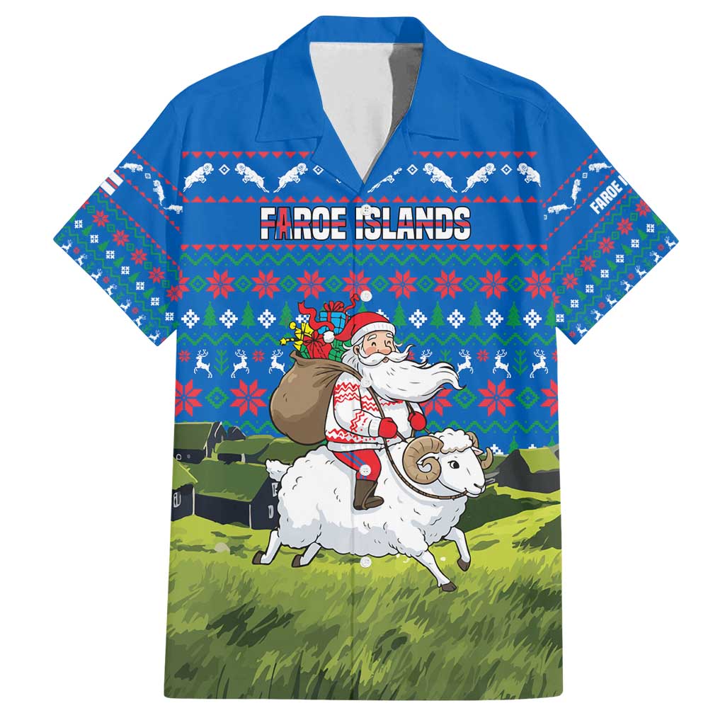 Faroe Islands Christmas Family Matching Long Sleeve Bodycon Dress and Hawaiian Shirt with Santa Riding Sheep Grass Roof Houses and Blue Nordic Pattern Design - Wonder Print Shop