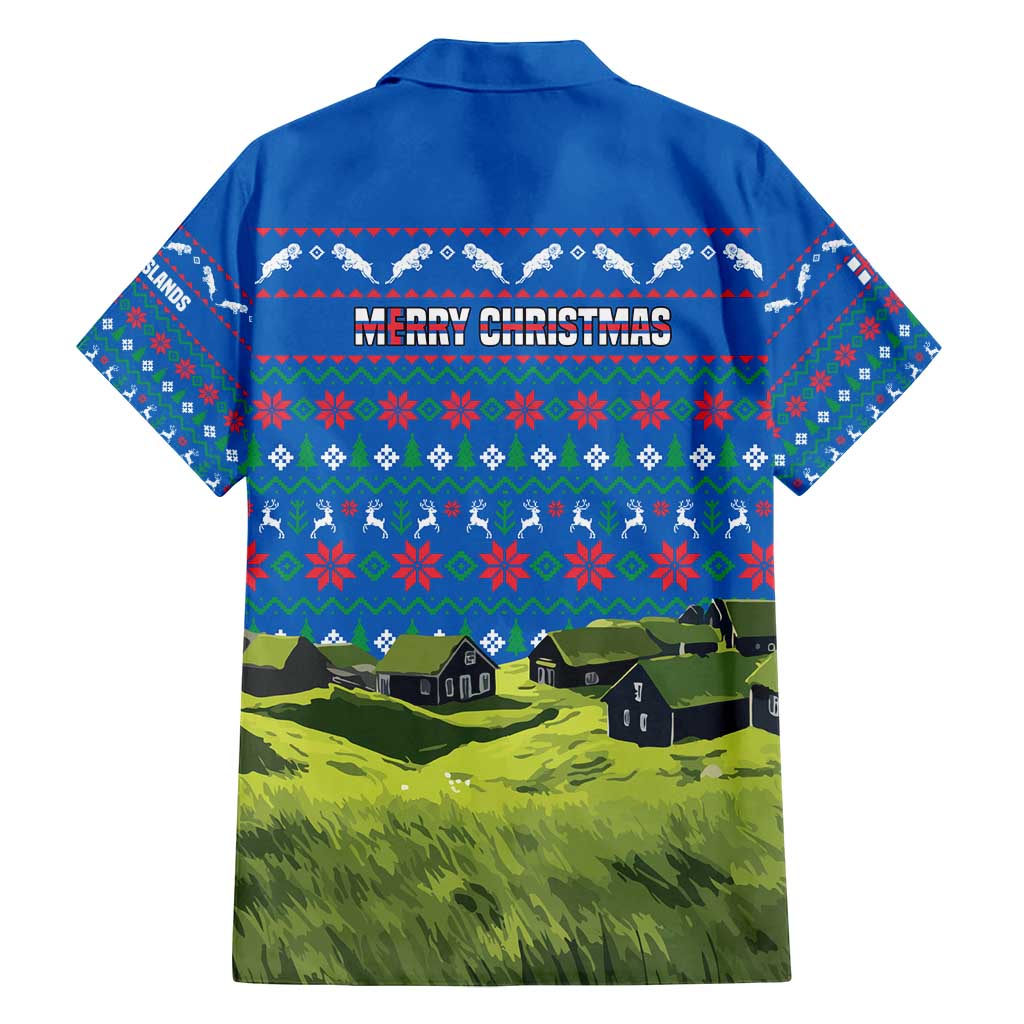 Faroe Islands Christmas Family Matching Long Sleeve Bodycon Dress and Hawaiian Shirt with Santa Riding Sheep Grass Roof Houses and Blue Nordic Pattern Design - Wonder Print Shop