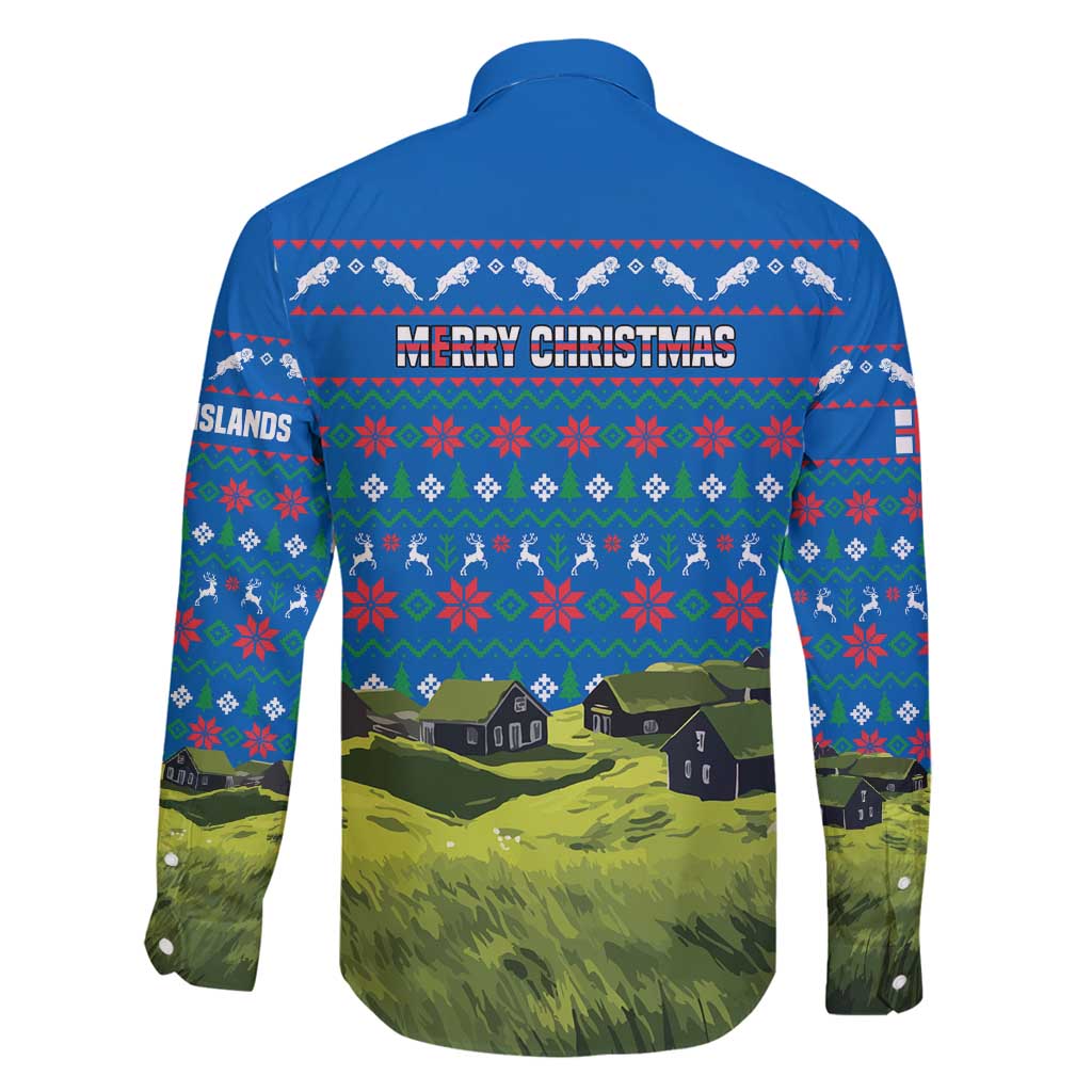 Faroe Islands Christmas Family Matching Long Sleeve Bodycon Dress and Hawaiian Shirt with Santa Riding Sheep Grass Roof Houses and Blue Nordic Pattern Design - Wonder Print Shop