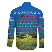Faroe Islands Christmas Family Matching Long Sleeve Bodycon Dress and Hawaiian Shirt with Santa Riding Sheep Grass Roof Houses and Blue Nordic Pattern Design - Wonder Print Shop
