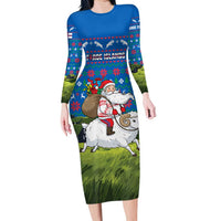 Faroe Islands Christmas Family Matching Long Sleeve Bodycon Dress and Hawaiian Shirt with Santa Riding Sheep Grass Roof Houses and Blue Nordic Pattern Design - Wonder Print Shop