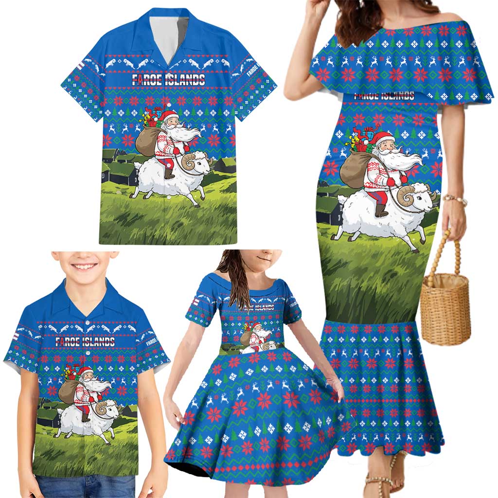 Faroe Islands Christmas Family Matching Mermaid Dress and Hawaiian Shirt with Santa Riding Sheep Grass Roof Houses and Blue Nordic Pattern Design - Wonder Print Shop