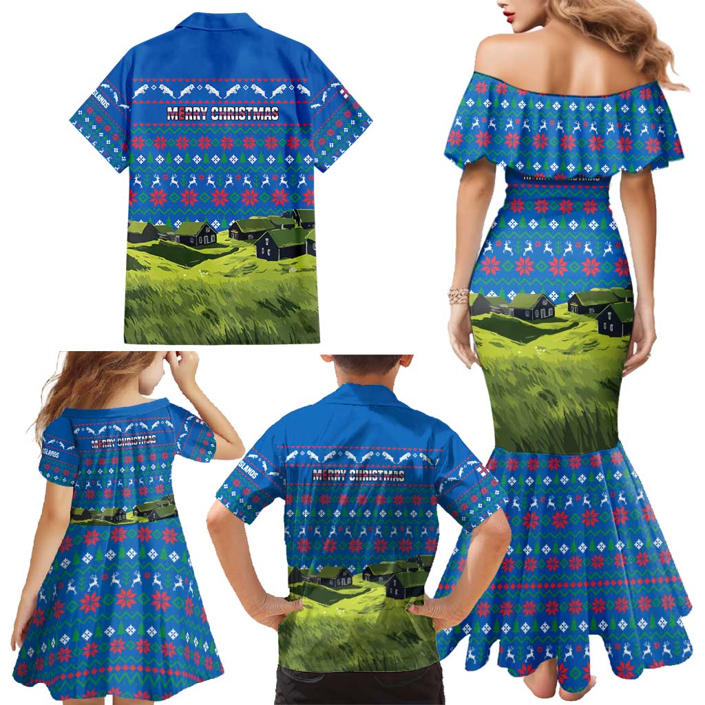 Faroe Islands Christmas Family Matching Mermaid Dress and Hawaiian Shirt with Santa Riding Sheep Grass Roof Houses and Blue Nordic Pattern Design - Wonder Print Shop