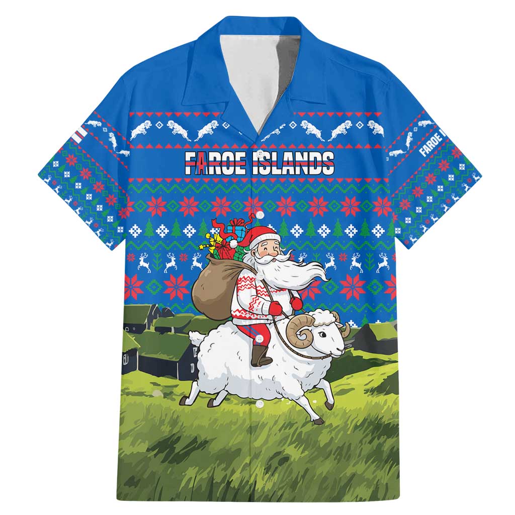 Faroe Islands Christmas Family Matching Mermaid Dress and Hawaiian Shirt with Santa Riding Sheep Grass Roof Houses and Blue Nordic Pattern Design - Wonder Print Shop
