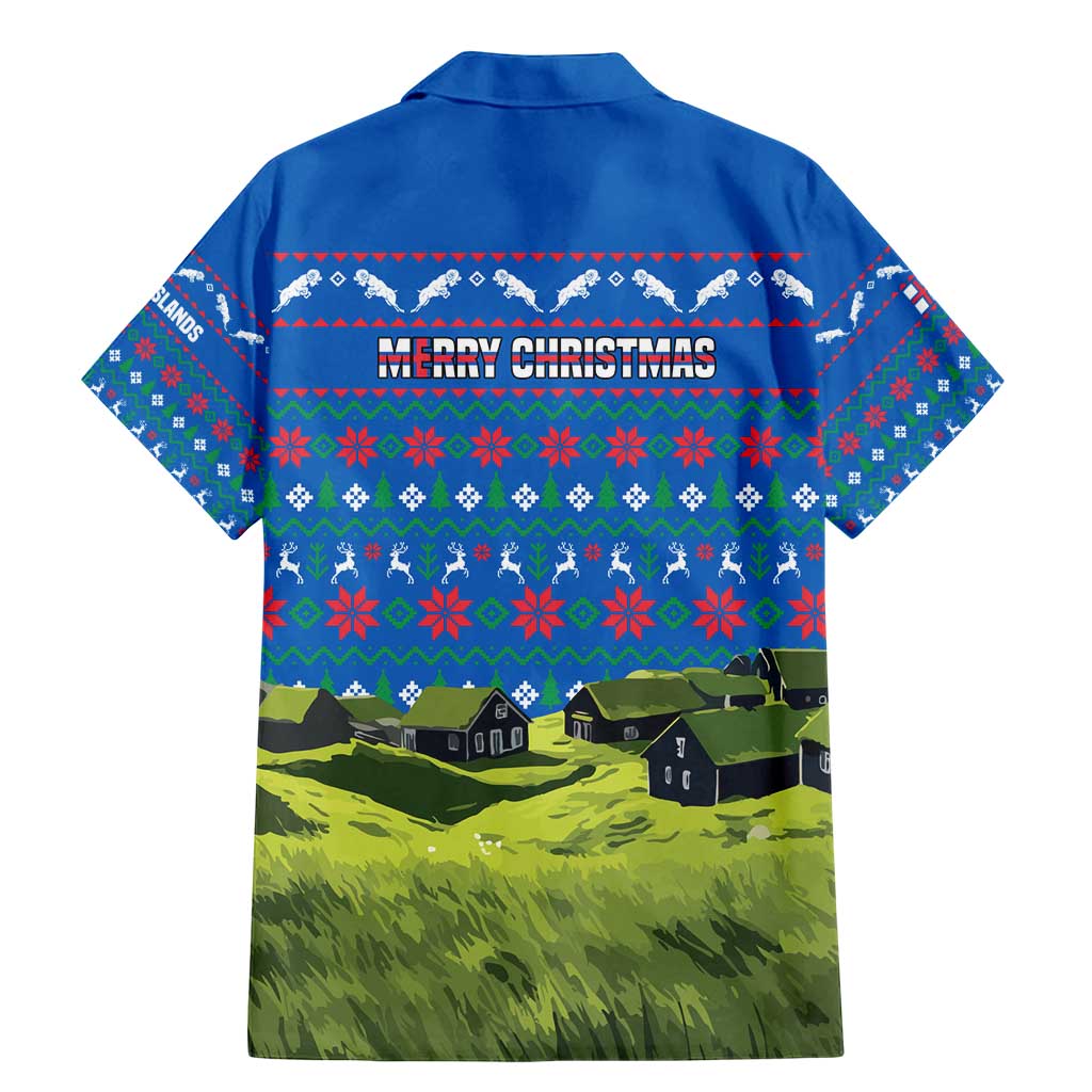 Faroe Islands Christmas Family Matching Mermaid Dress and Hawaiian Shirt with Santa Riding Sheep Grass Roof Houses and Blue Nordic Pattern Design - Wonder Print Shop