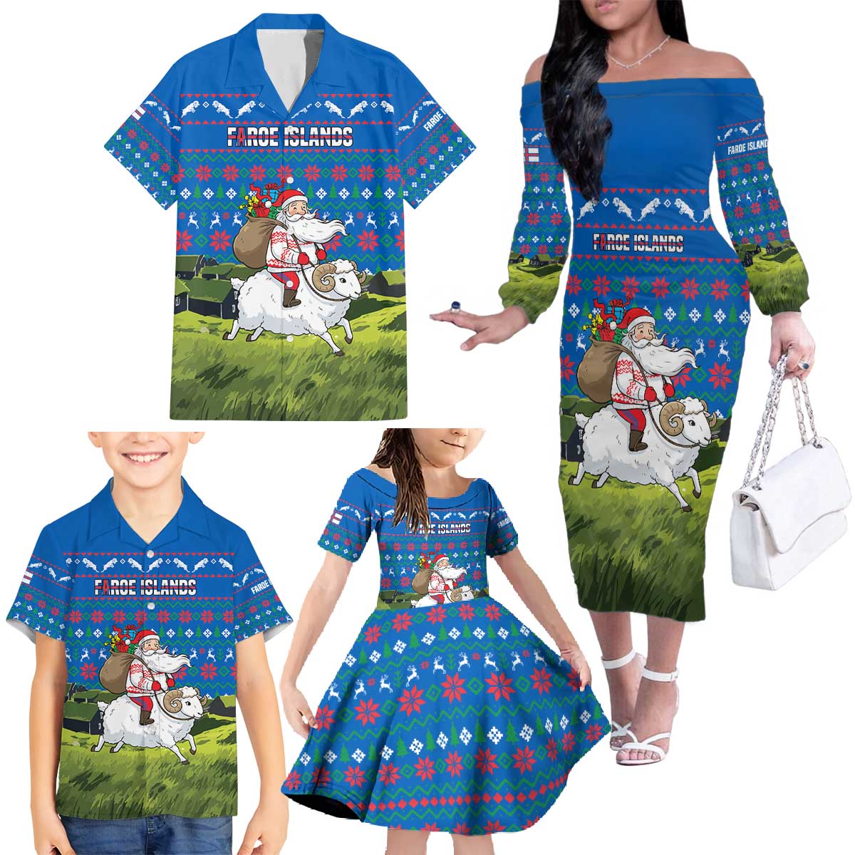 Faroe Islands Christmas Family Matching Off The Shoulder Long Sleeve Dress and Hawaiian Shirt with Santa Riding Sheep Grass Roof Houses and Blue Nordic Pattern Design - Wonder Print Shop