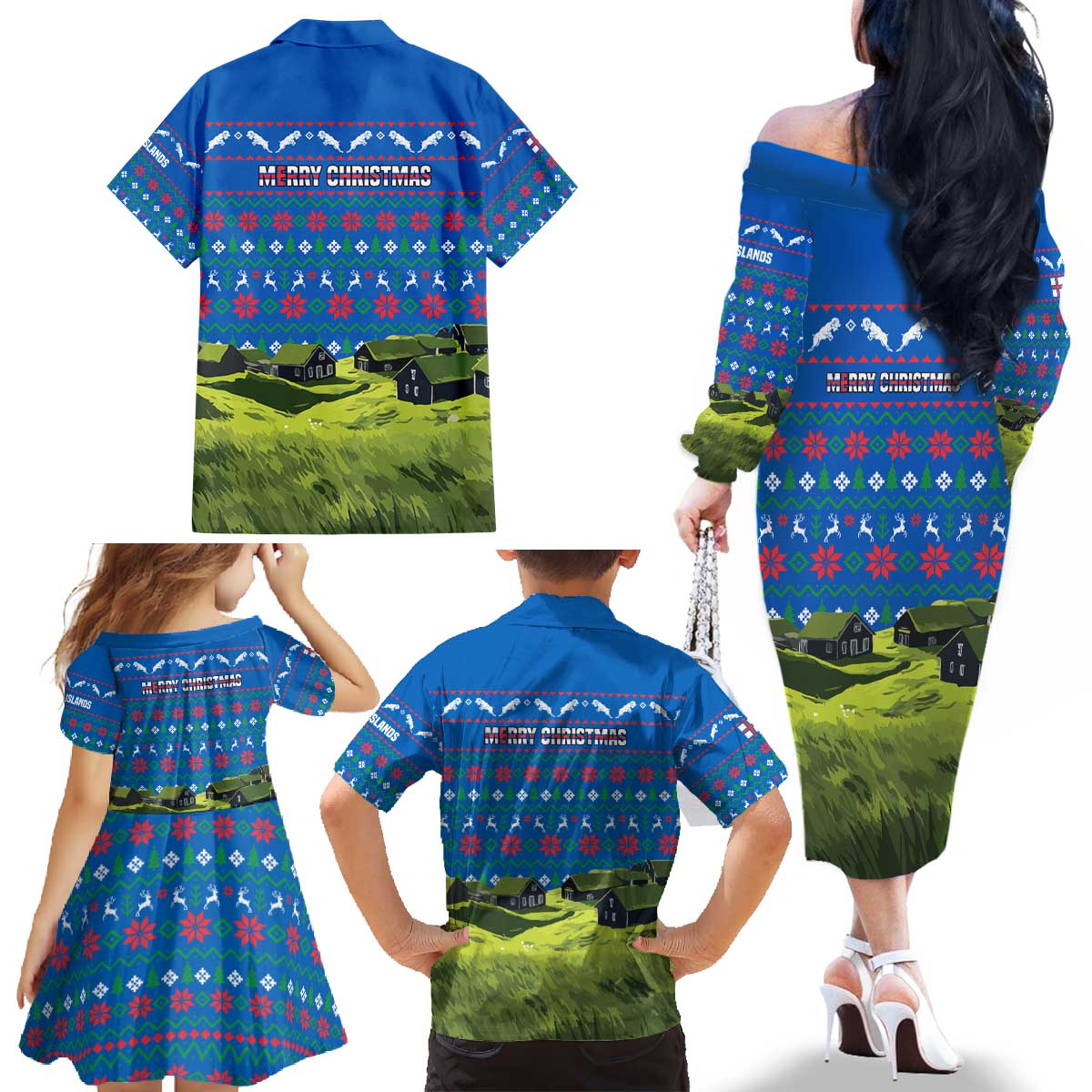 Faroe Islands Christmas Family Matching Off The Shoulder Long Sleeve Dress and Hawaiian Shirt with Santa Riding Sheep Grass Roof Houses and Blue Nordic Pattern Design - Wonder Print Shop