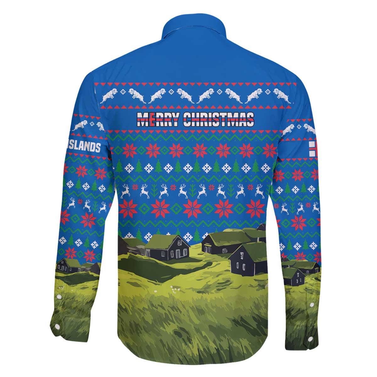 Faroe Islands Christmas Family Matching Off The Shoulder Long Sleeve Dress and Hawaiian Shirt with Santa Riding Sheep Grass Roof Houses and Blue Nordic Pattern Design - Wonder Print Shop
