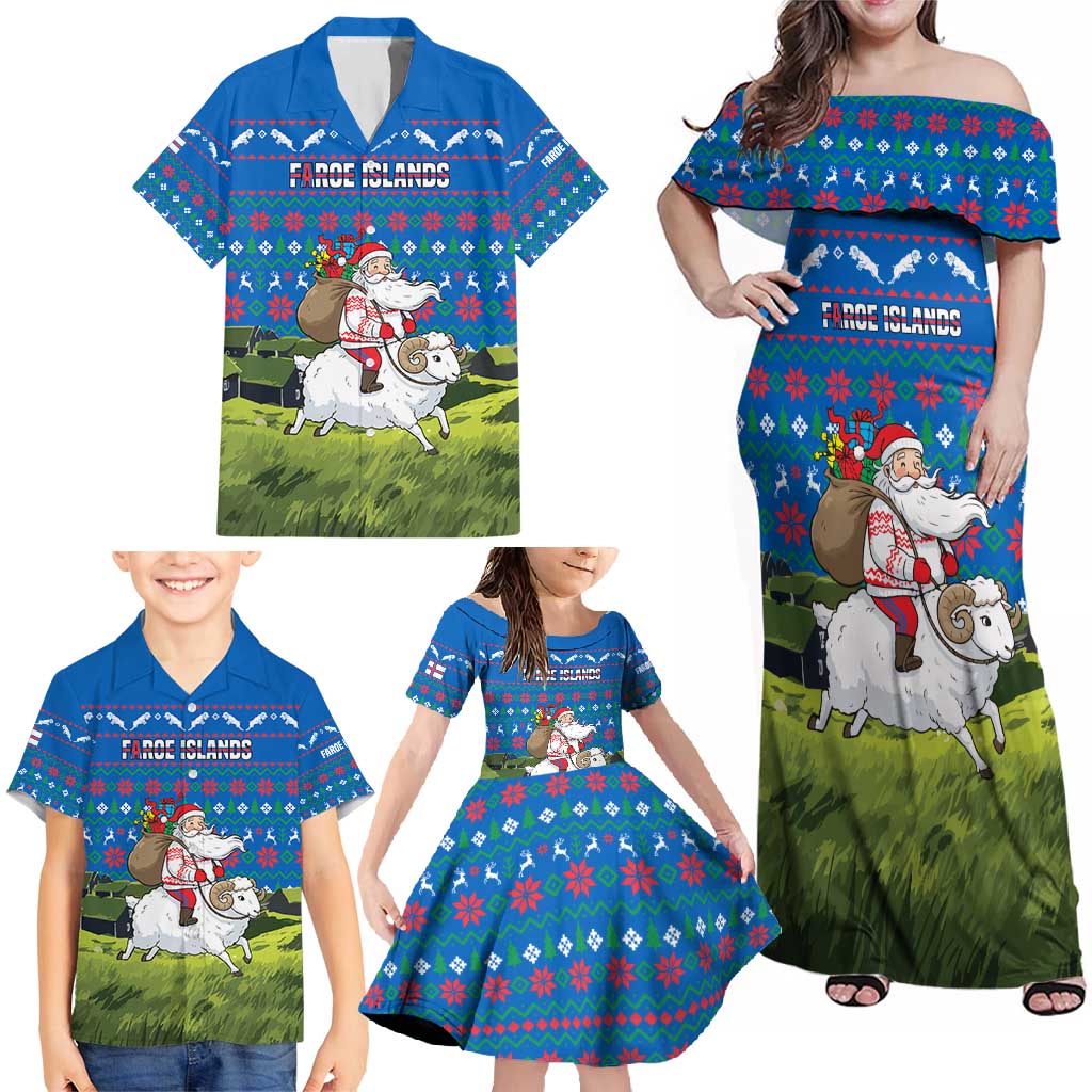Faroe Islands Christmas Family Matching Off Shoulder Maxi Dress and Hawaiian Shirt with Santa Riding Sheep Grass Roof Houses and Blue Nordic Pattern Design - Wonder Print Shop