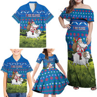 Faroe Islands Christmas Family Matching Off Shoulder Maxi Dress and Hawaiian Shirt with Santa Riding Sheep Grass Roof Houses and Blue Nordic Pattern Design - Wonder Print Shop