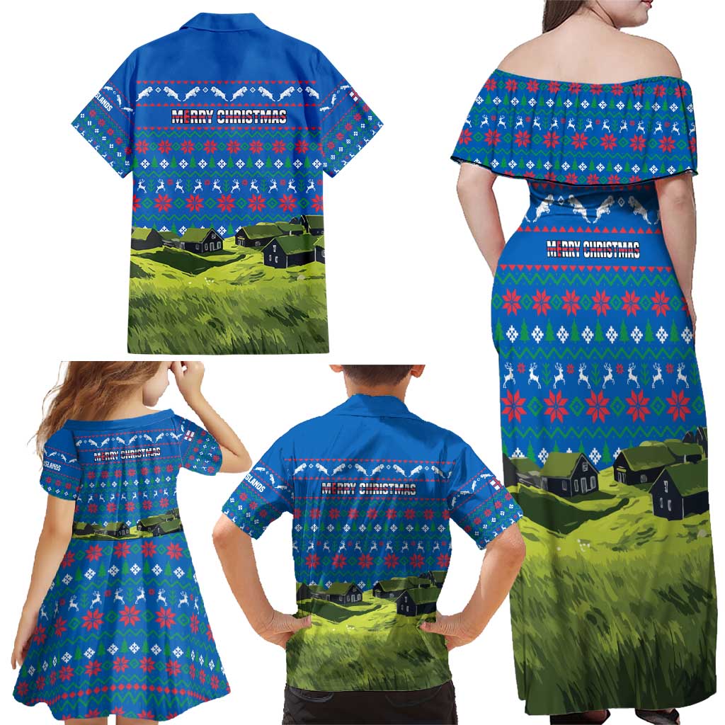 Faroe Islands Christmas Family Matching Off Shoulder Maxi Dress and Hawaiian Shirt with Santa Riding Sheep Grass Roof Houses and Blue Nordic Pattern Design - Wonder Print Shop