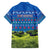 Faroe Islands Christmas Family Matching Off Shoulder Maxi Dress and Hawaiian Shirt with Santa Riding Sheep Grass Roof Houses and Blue Nordic Pattern Design - Wonder Print Shop
