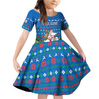 Faroe Islands Christmas Family Matching Off Shoulder Short Dress and Hawaiian Shirt with Santa Riding Sheep Grass Roof Houses and Blue Nordic Pattern Design - Wonder Print Shop