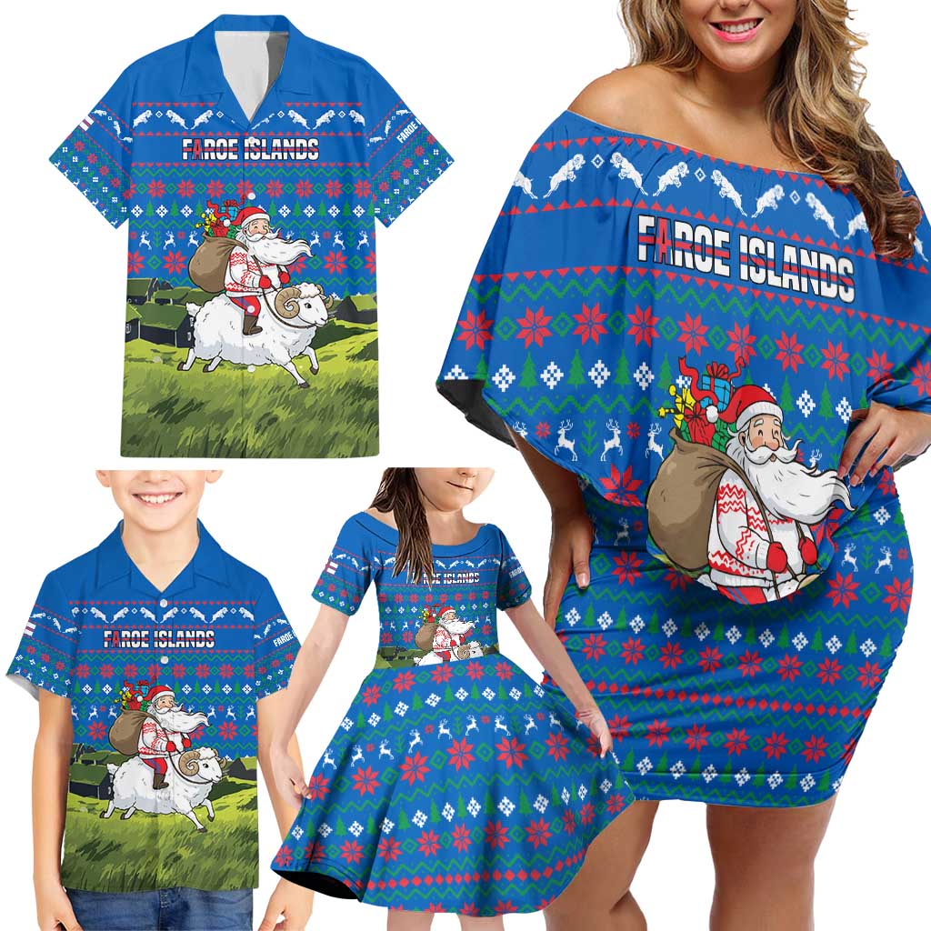 Faroe Islands Christmas Family Matching Off Shoulder Short Dress and Hawaiian Shirt with Santa Riding Sheep Grass Roof Houses and Blue Nordic Pattern Design - Wonder Print Shop