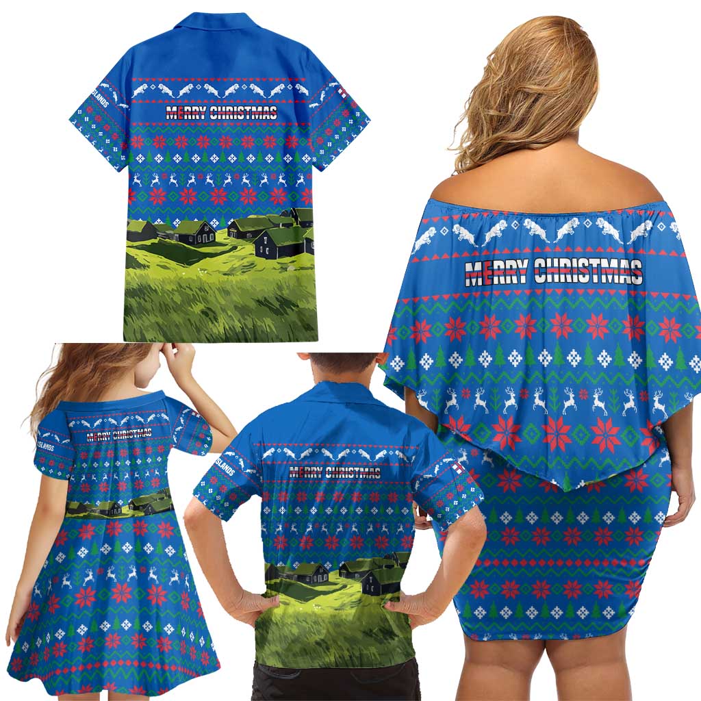 Faroe Islands Christmas Family Matching Off Shoulder Short Dress and Hawaiian Shirt with Santa Riding Sheep Grass Roof Houses and Blue Nordic Pattern Design - Wonder Print Shop