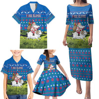Faroe Islands Christmas Family Matching Puletasi and Hawaiian Shirt with Santa Riding Sheep Grass Roof Houses and Blue Nordic Pattern Design - Wonder Print Shop
