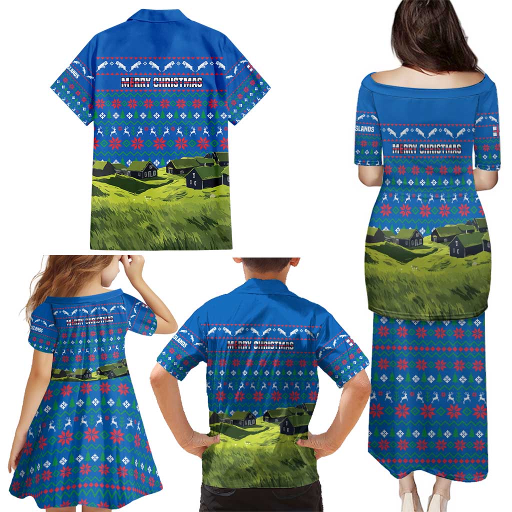 Faroe Islands Christmas Family Matching Puletasi and Hawaiian Shirt with Santa Riding Sheep Grass Roof Houses and Blue Nordic Pattern Design - Wonder Print Shop
