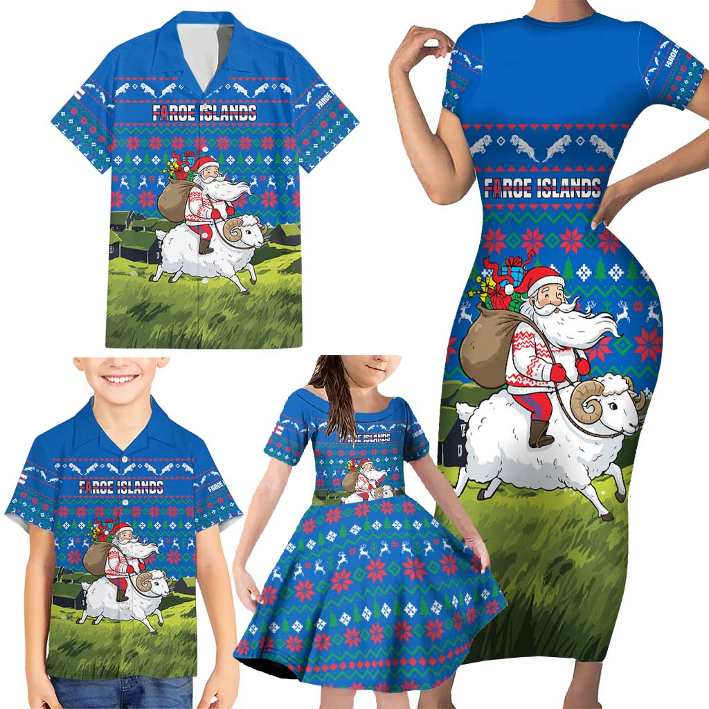 Faroe Islands Christmas Family Matching Short Sleeve Bodycon Dress and Hawaiian Shirt with Santa Riding Sheep Grass Roof Houses and Blue Nordic Pattern Design - Wonder Print Shop