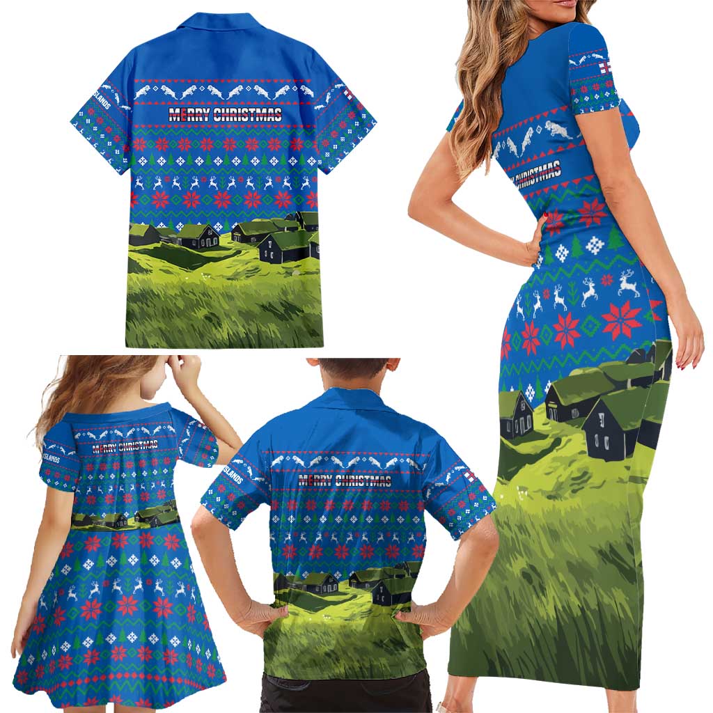 Faroe Islands Christmas Family Matching Short Sleeve Bodycon Dress and Hawaiian Shirt with Santa Riding Sheep Grass Roof Houses and Blue Nordic Pattern Design - Wonder Print Shop