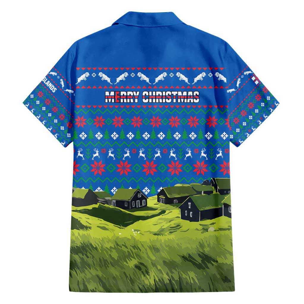 Faroe Islands Christmas Family Matching Short Sleeve Bodycon Dress and Hawaiian Shirt with Santa Riding Sheep Grass Roof Houses and Blue Nordic Pattern Design - Wonder Print Shop