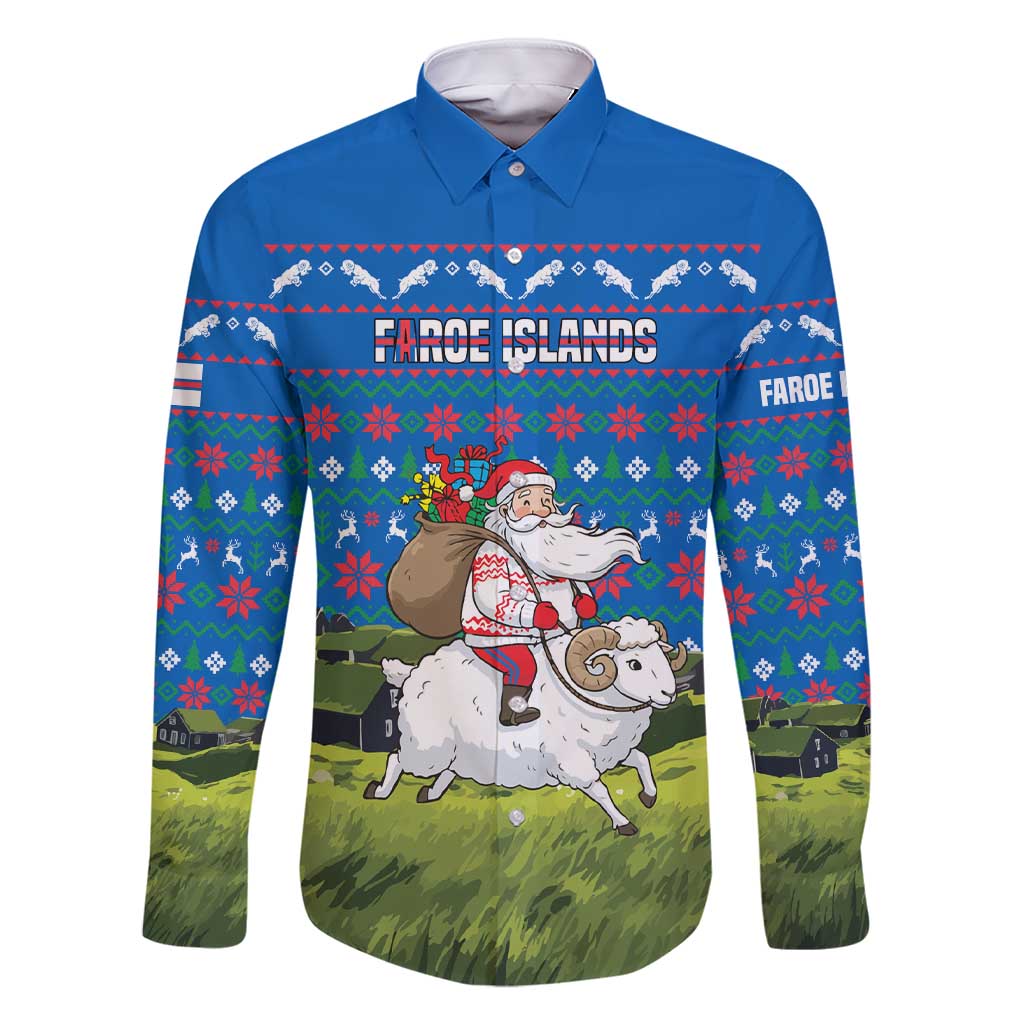 Faroe Islands Christmas Family Matching Short Sleeve Bodycon Dress and Hawaiian Shirt with Santa Riding Sheep Grass Roof Houses and Blue Nordic Pattern Design - Wonder Print Shop