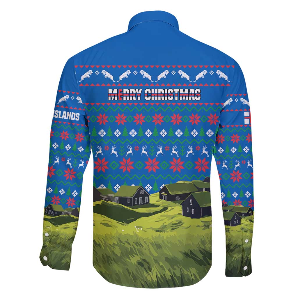 Faroe Islands Christmas Family Matching Short Sleeve Bodycon Dress and Hawaiian Shirt with Santa Riding Sheep Grass Roof Houses and Blue Nordic Pattern Design - Wonder Print Shop