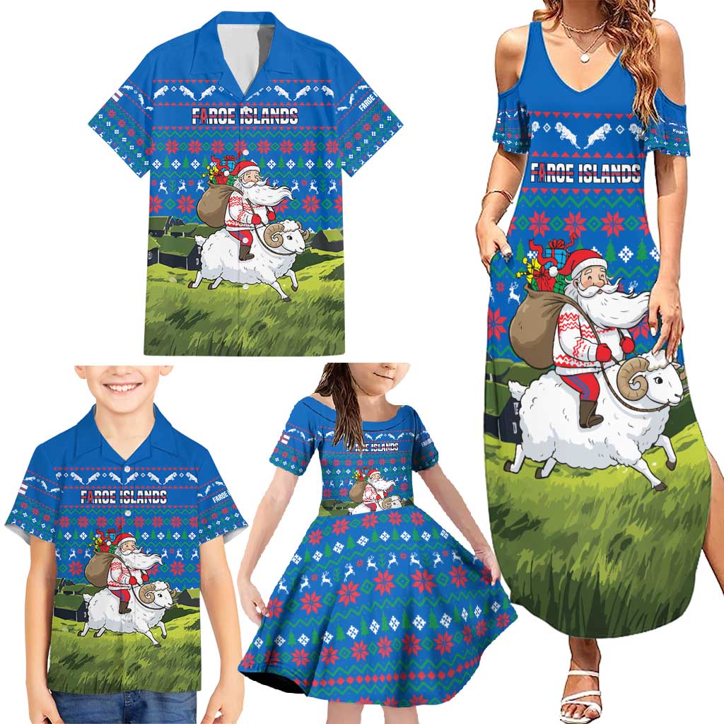 Faroe Islands Christmas Family Matching Summer Maxi Dress and Hawaiian Shirt with Santa Riding Sheep Grass Roof Houses and Blue Nordic Pattern Design - Wonder Print Shop