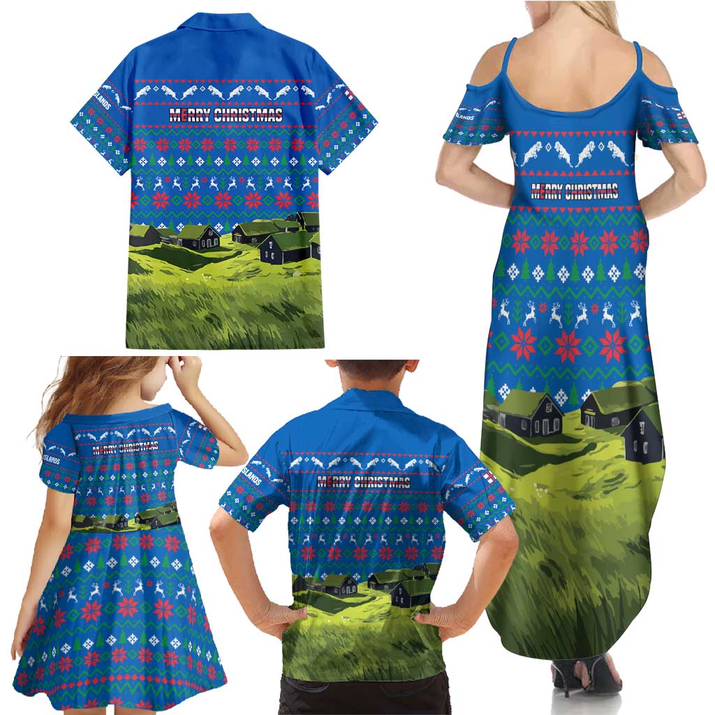 Faroe Islands Christmas Family Matching Summer Maxi Dress and Hawaiian Shirt with Santa Riding Sheep Grass Roof Houses and Blue Nordic Pattern Design - Wonder Print Shop