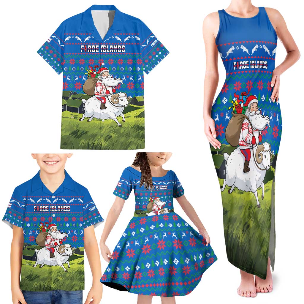Faroe Islands Christmas Family Matching Tank Maxi Dress and Hawaiian Shirt with Santa Riding Sheep Grass Roof Houses and Blue Nordic Pattern Design - Wonder Print Shop
