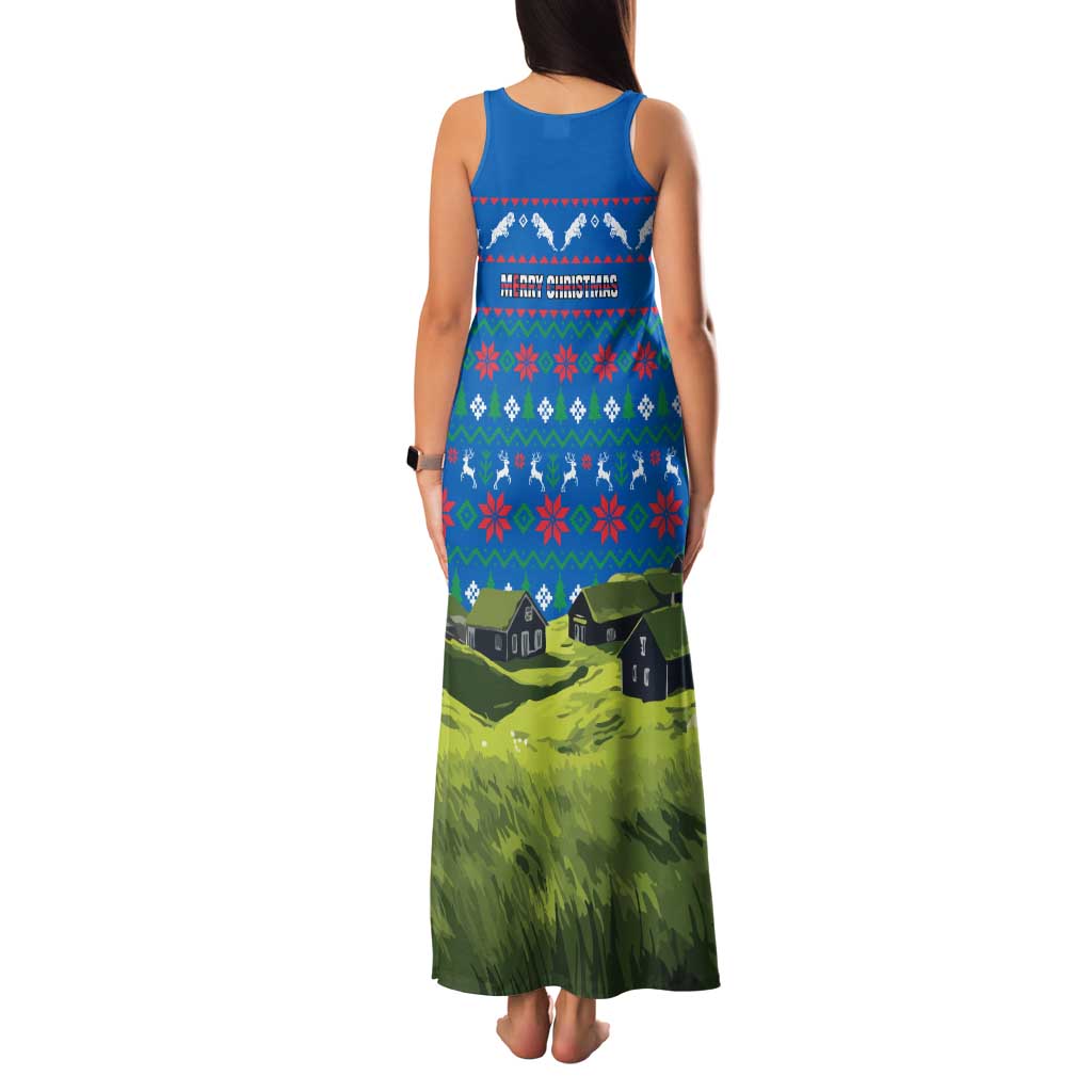 Faroe Islands Christmas Family Matching Tank Maxi Dress and Hawaiian Shirt with Santa Riding Sheep Grass Roof Houses and Blue Nordic Pattern Design - Wonder Print Shop