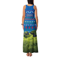 Faroe Islands Christmas Family Matching Tank Maxi Dress and Hawaiian Shirt with Santa Riding Sheep Grass Roof Houses and Blue Nordic Pattern Design - Wonder Print Shop