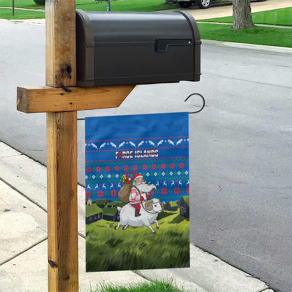 Faroe Islands Christmas Garden Flag with Santa Riding Sheep Grass Roof Houses and Blue Nordic Pattern Design - Wonder Print Shop