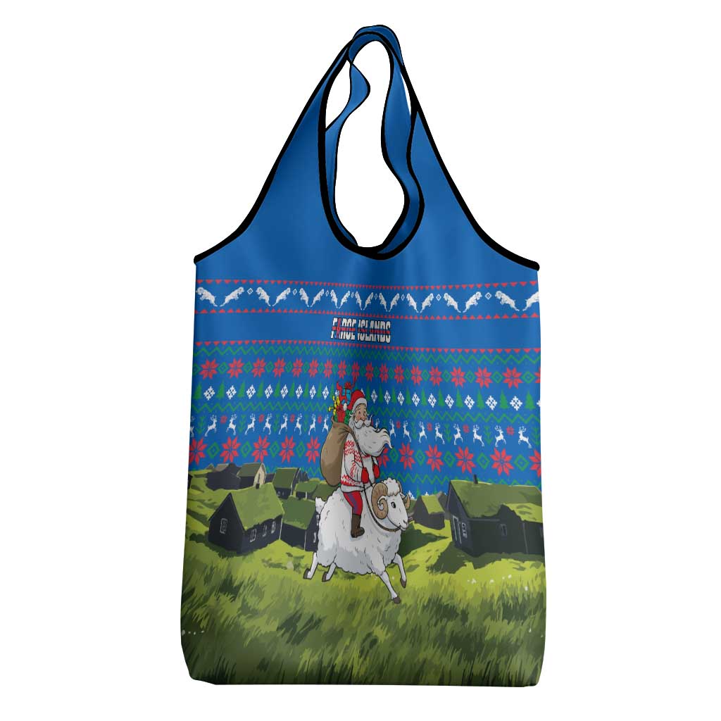 Faroe Islands Christmas Grocery Bag with Santa Riding Sheep Grass Roof Houses and Blue Nordic Pattern Design - Wonder Print Shop