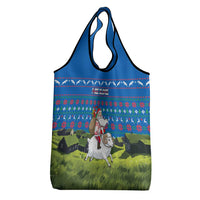 Faroe Islands Christmas Grocery Bag with Santa Riding Sheep Grass Roof Houses and Blue Nordic Pattern Design - Wonder Print Shop