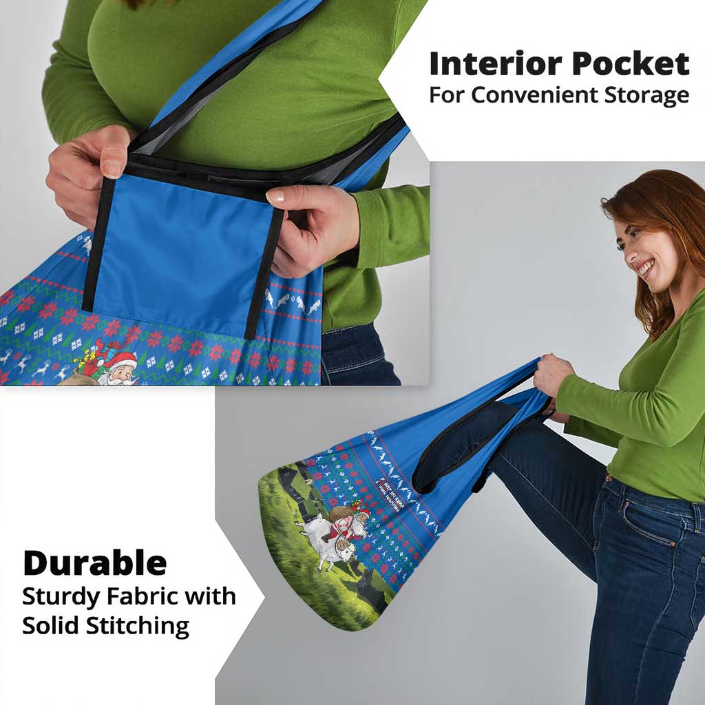 Faroe Islands Christmas Grocery Bag with Santa Riding Sheep Grass Roof Houses and Blue Nordic Pattern Design - Wonder Print Shop