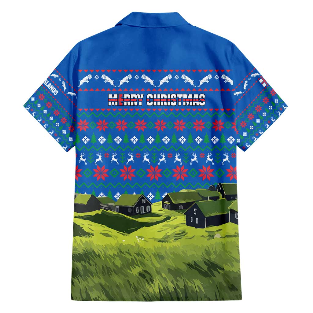 Faroe Islands Christmas Hawaiian Shirt with Santa Riding Sheep Grass Roof Houses and Blue Nordic Pattern Design - Wonder Print Shop