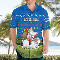 Faroe Islands Christmas Hawaiian Shirt with Santa Riding Sheep Grass Roof Houses and Blue Nordic Pattern Design - Wonder Print Shop