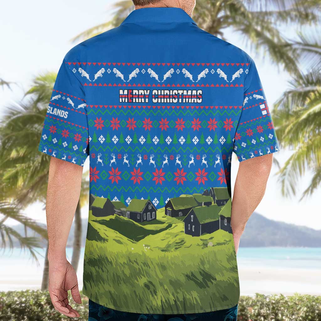Faroe Islands Christmas Hawaiian Shirt with Santa Riding Sheep Grass Roof Houses and Blue Nordic Pattern Design - Wonder Print Shop