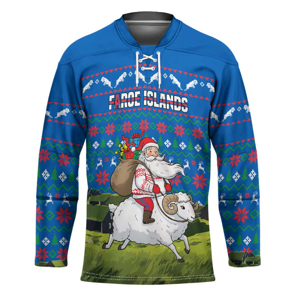 Faroe Islands Christmas Hockey Jersey with Santa Riding Sheep Grass Roof Houses and Blue Nordic Pattern Design - Wonder Print Shop