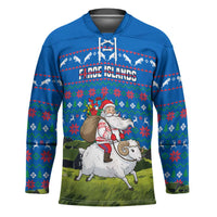 Faroe Islands Christmas Hockey Jersey with Santa Riding Sheep Grass Roof Houses and Blue Nordic Pattern Design - Wonder Print Shop