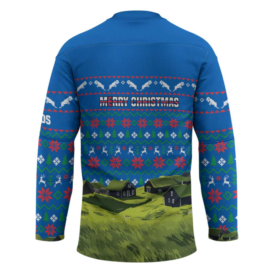 Faroe Islands Christmas Hockey Jersey with Santa Riding Sheep Grass Roof Houses and Blue Nordic Pattern Design - Wonder Print Shop