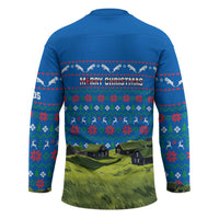 Faroe Islands Christmas Hockey Jersey with Santa Riding Sheep Grass Roof Houses and Blue Nordic Pattern Design - Wonder Print Shop