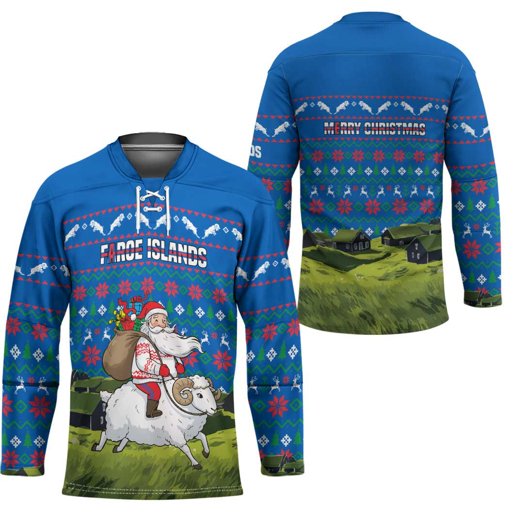 Faroe Islands Christmas Hockey Jersey with Santa Riding Sheep Grass Roof Houses and Blue Nordic Pattern Design - Wonder Print Shop