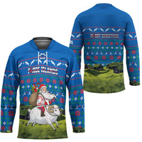 Faroe Islands Christmas Hockey Jersey with Santa Riding Sheep Grass Roof Houses and Blue Nordic Pattern Design - Wonder Print Shop