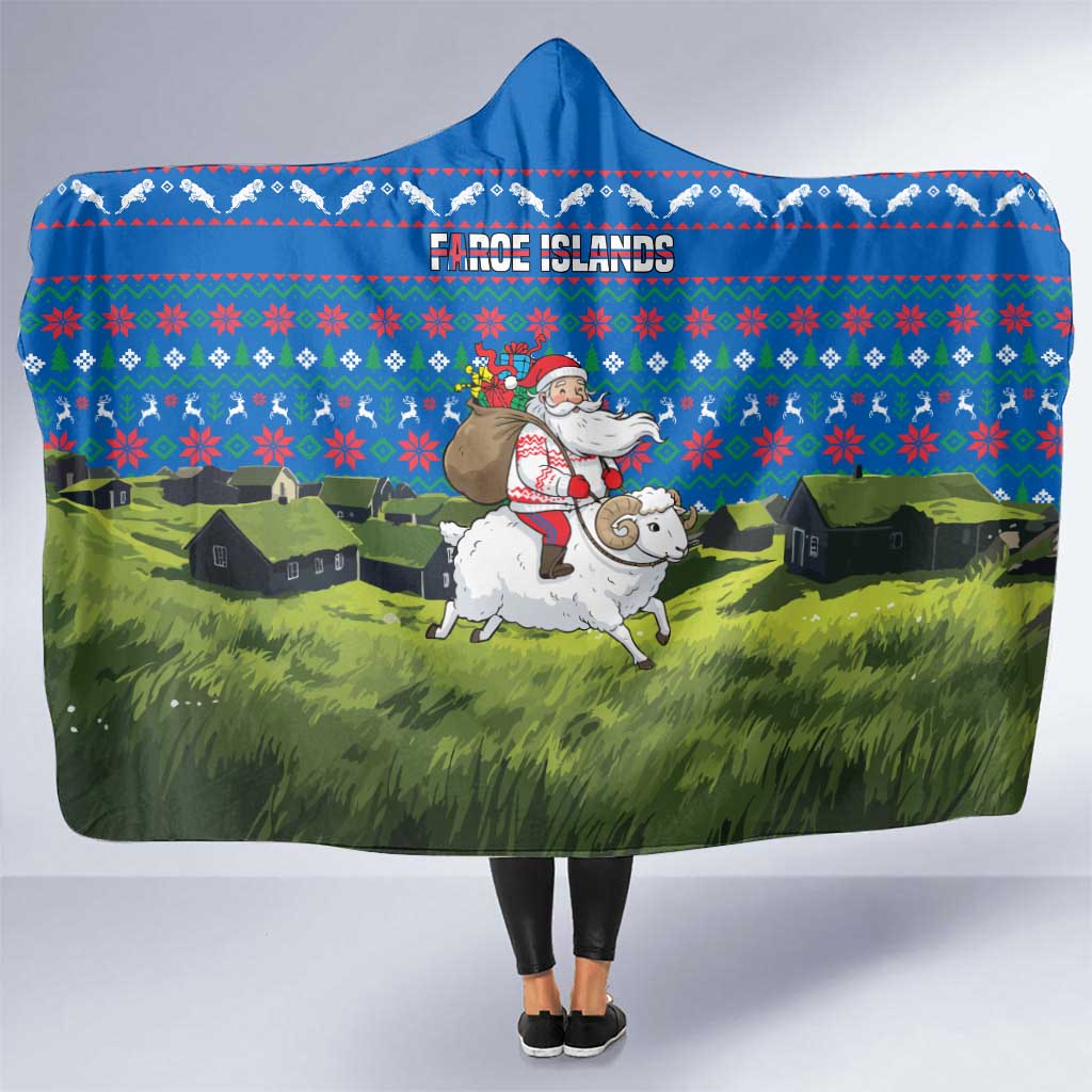 Faroe Islands Christmas Hooded Blanket with Santa Riding Sheep Grass Roof Houses and Blue Nordic Pattern Design - Wonder Print Shop