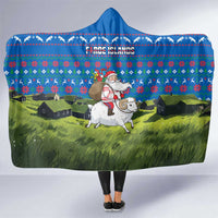 Faroe Islands Christmas Hooded Blanket with Santa Riding Sheep Grass Roof Houses and Blue Nordic Pattern Design - Wonder Print Shop