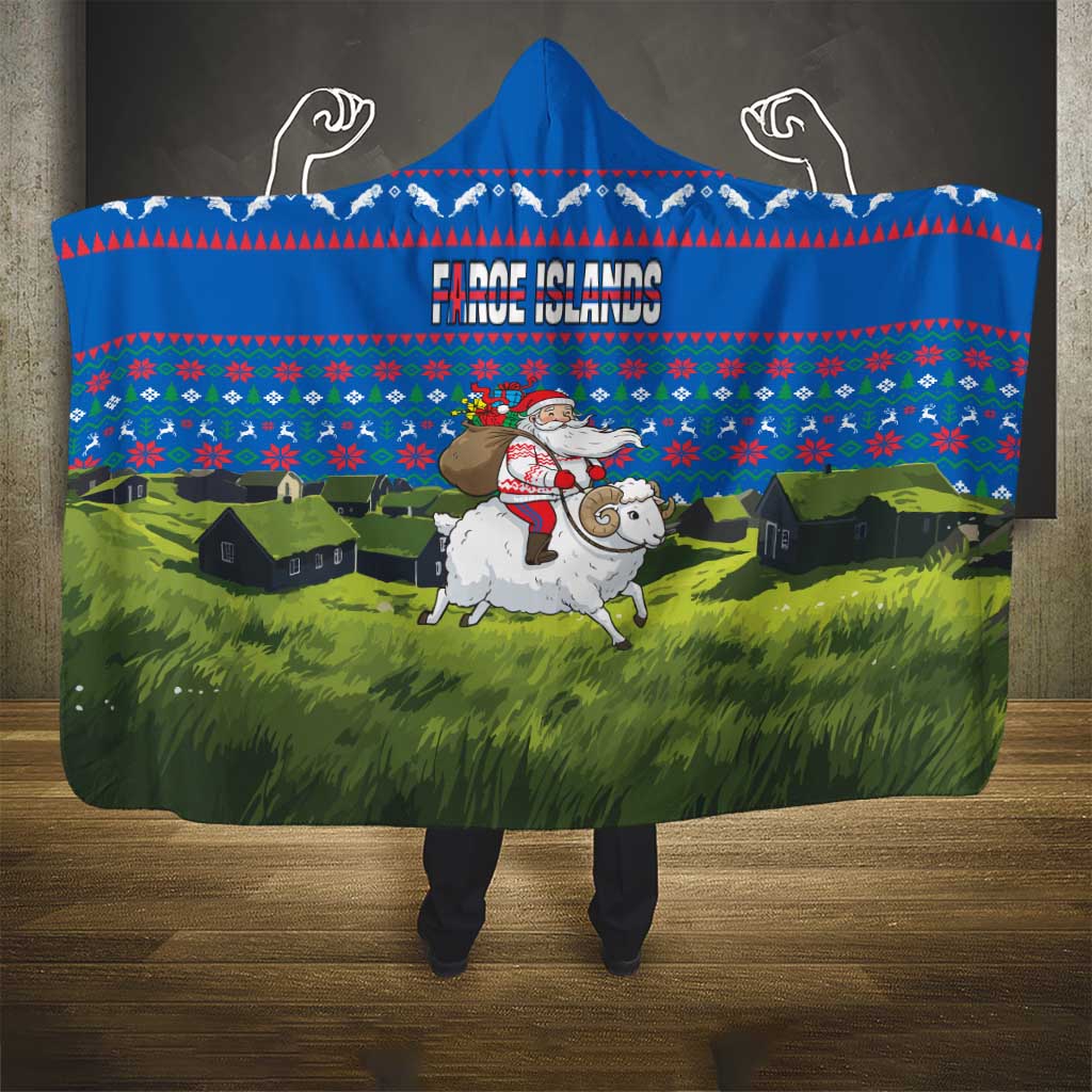 Faroe Islands Christmas Hooded Blanket with Santa Riding Sheep Grass Roof Houses and Blue Nordic Pattern Design - Wonder Print Shop