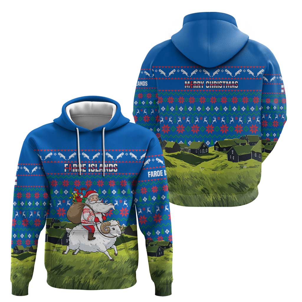Faroe Islands Christmas Hoodie with Santa Riding Sheep Grass Roof Houses and Blue Nordic Pattern Design - Wonder Print Shop