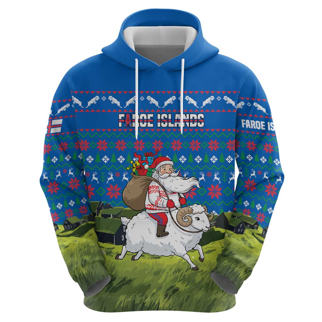 Faroe Islands Christmas Hoodie with Santa Riding Sheep Grass Roof Houses and Blue Nordic Pattern Design - Wonder Print Shop