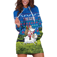 Faroe Islands Christmas Hoodie Dress with Santa Riding Sheep Grass Roof Houses and Blue Nordic Pattern Design - Wonder Print Shop